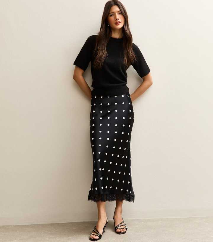 Qooth Lace Patchwork Polka Dot Straight Midi Skirt High-Waist Slimming Half Skirt Fashionable Retro Women's Skirt