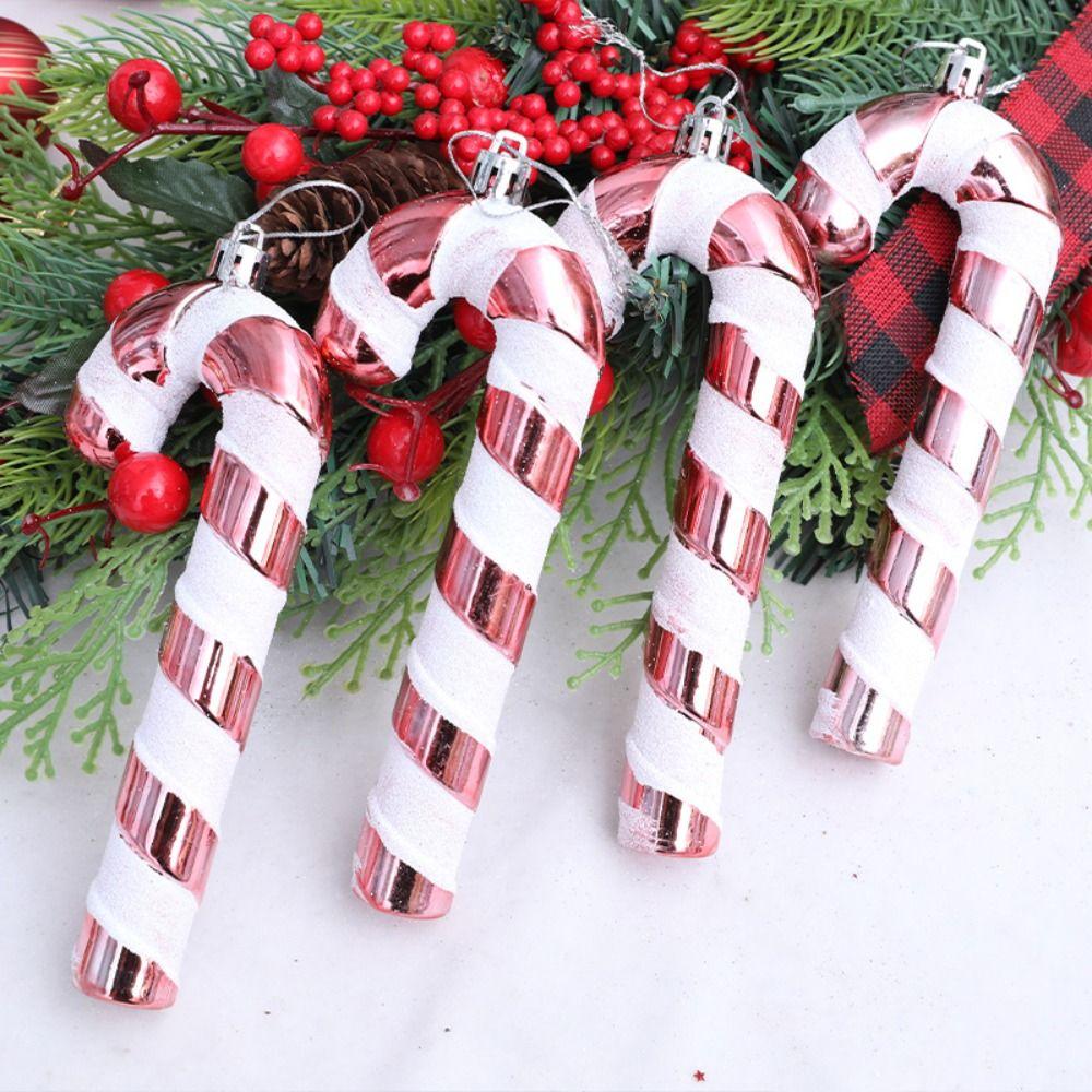 4pcs Colorful Christmas Candy Cane Pendant Shatterproof Electroplated Lollipop Cane Pendant Plastic Christmas Tree Pendant