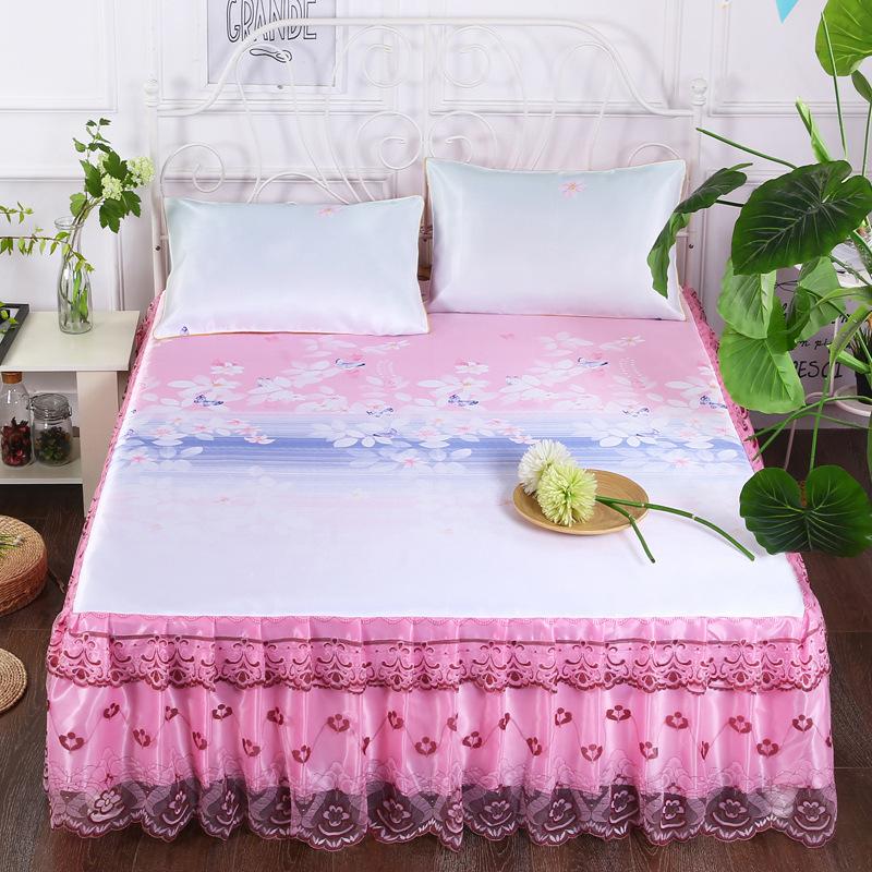 3-teilige Kühlmatte, Spitzen-Bettrock, Eismatte, moderne Bettüberwürfe, hautfreundliches Bettwäsche-Set, Stoff für Queen-Size-Betten mit Kissenbezug