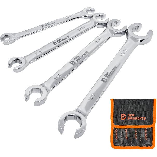 4-Piece Flare Nut Wrench Set, Offset End Spanner Metric 8 9 10 12 13 14 15 17mm, CR-V Steel Storage Pouch Repair and Remove Nuts on Fuel Tube Hose
