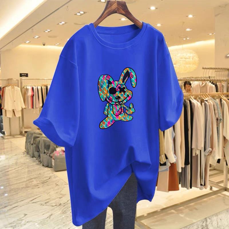 European and American Women's Rabbit Print Loose Round Neck Short Sleeve T-shirt - Summer New Style Top