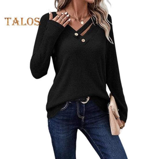 Topuri Dama Decolteu în V Mânecă Lungă Tricot Reiat Top cu Nasturi Decor Culoare Solidă Croială Lejeră Elastic Cămașă de Toamnă Ținută Casual de Birou
