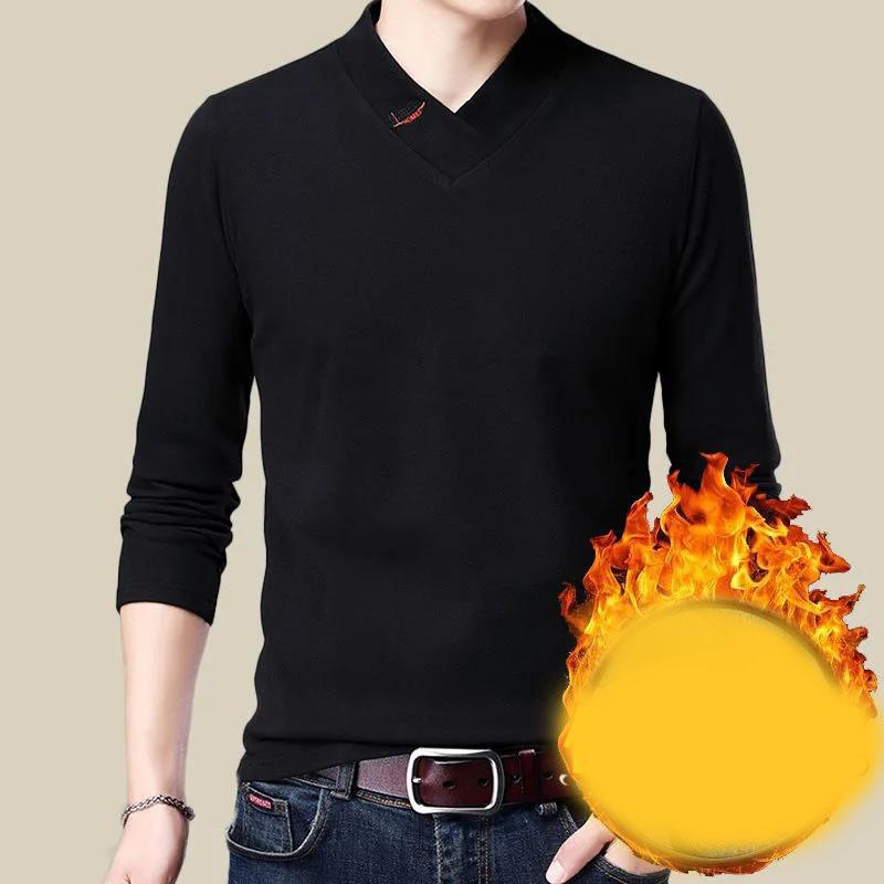 Winter Men's Long-sleeved T-shirt Sweater Double-faced Fleece Solid Color Warm Bottoming Shirt Half High Collar
