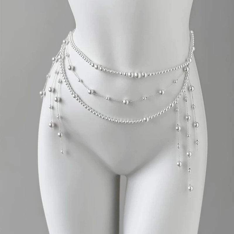 Adjustable Fit Multilayer Pearl Waist Chain 1Pc Retro Y2K Designer Women's Belt for All Body Types Daily Wear