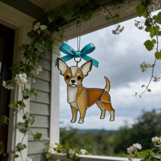 Colorful Dog Acrylic Suncatcher Stained Glass Corgi/Bulldog/Chihuahua Ornament Window Christmas Tree Hanging Decor with Bow Holiday Gift for Dogs