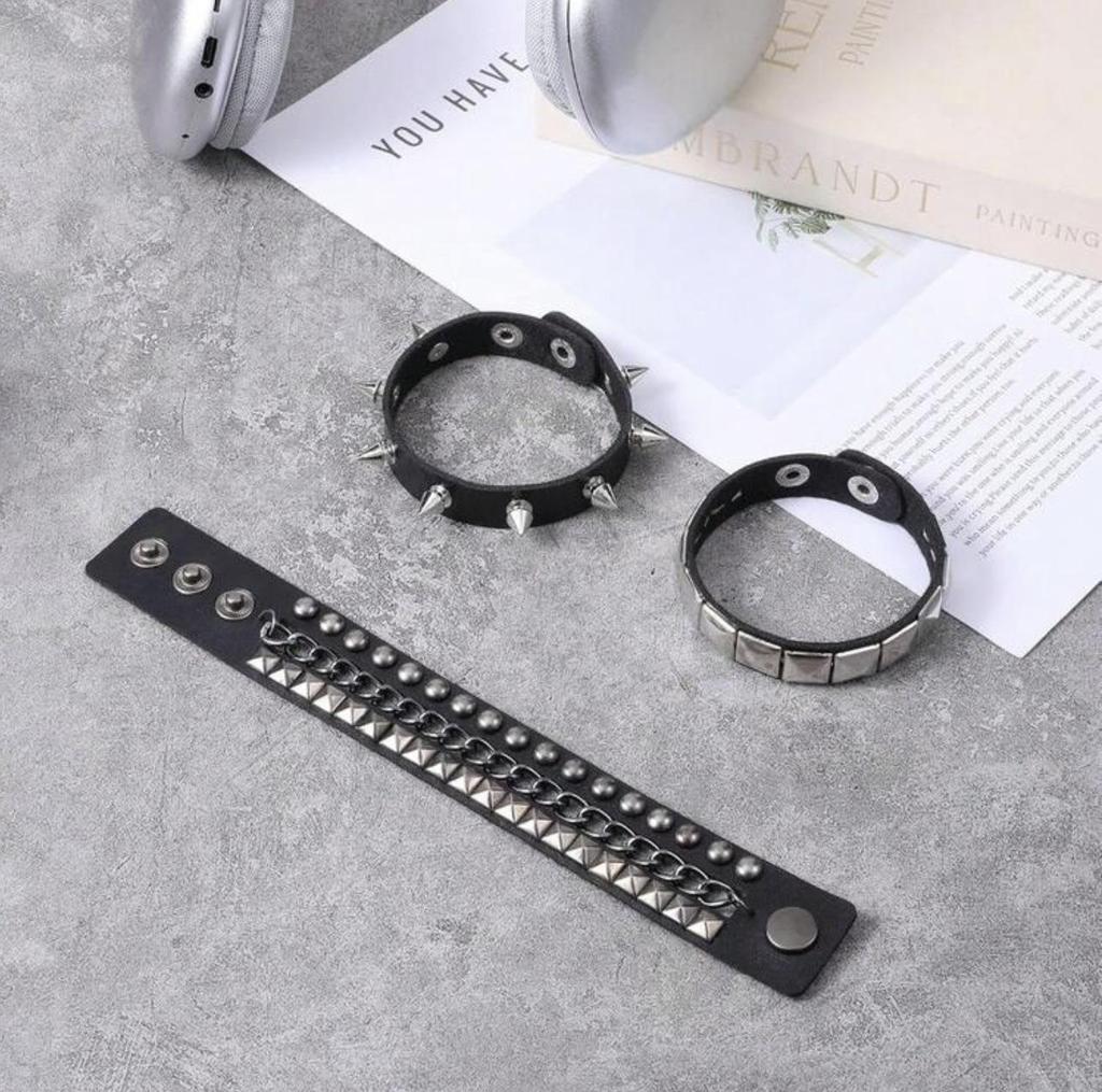 Evropský & Americký Punk Rock Nýtovaný Kožený Náramek Set: Gotický Párový Třídílný Náramek