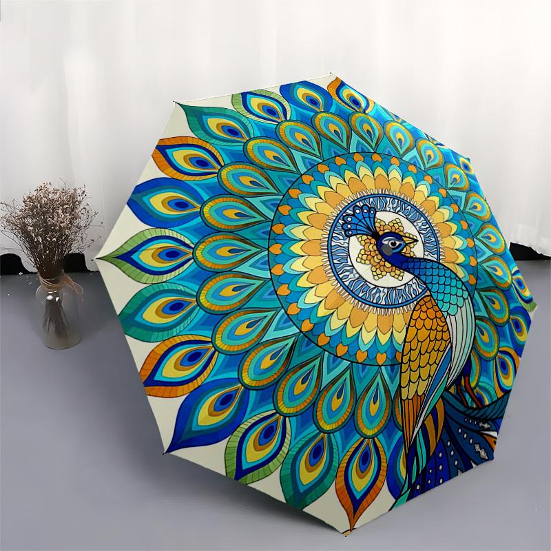 1pc Automatic Folding Umbrella with Peacock Mandala Design - Portable 3-Fold Design, 8-Bone Iron Frame Outdoor Umbrella, Perfect Festival Gift for Fan