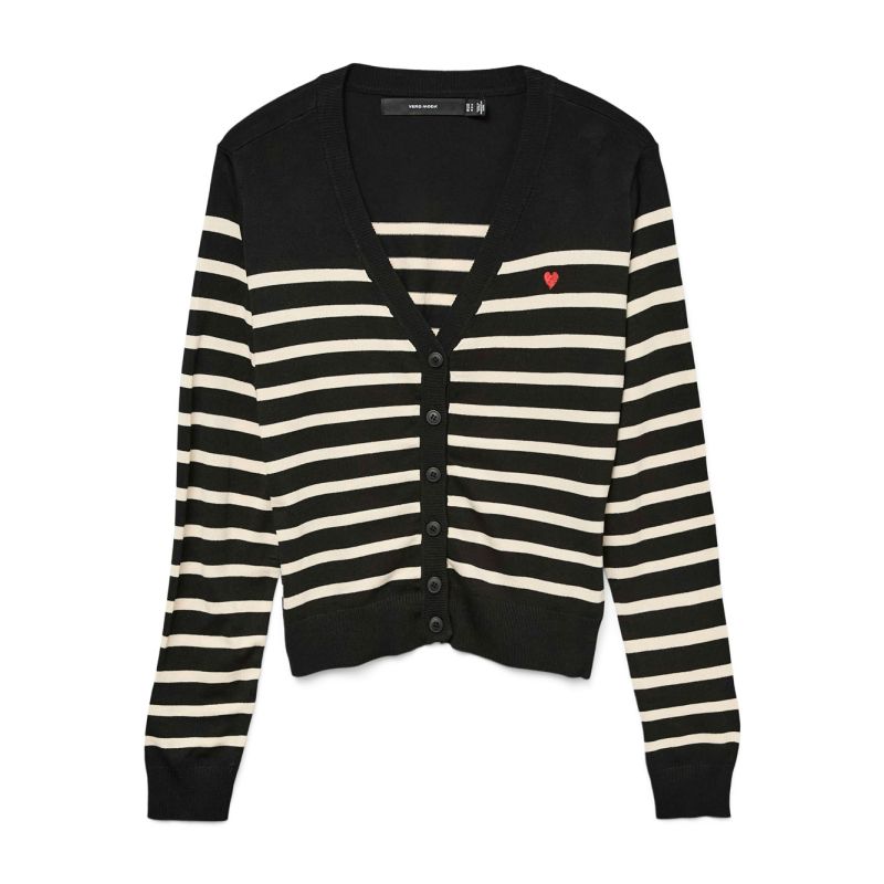 Dory Striped Cardigan with V-neck, Embroidered Red Heart, and Buttons for Women VERO MODA