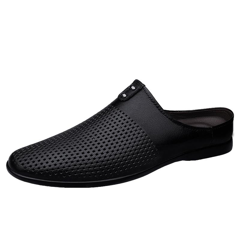 

Genuine Leather Breathable Half Shoes For Men Slip On Hollow Out Soft Casual shoes High Quality Loafers Mocasines Hombre 45 чёрный