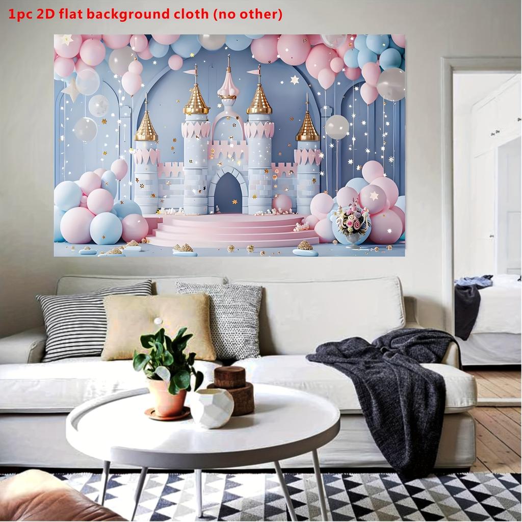 1 Piece of 2D Flat Banner - Fantasy Castle Fairy Tale Birthday Background - Soft Rainbow Polyester Party Decoration