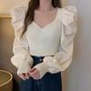 2025 Spring French Collarbone Square Neck Puff Sleeve Cropped Top