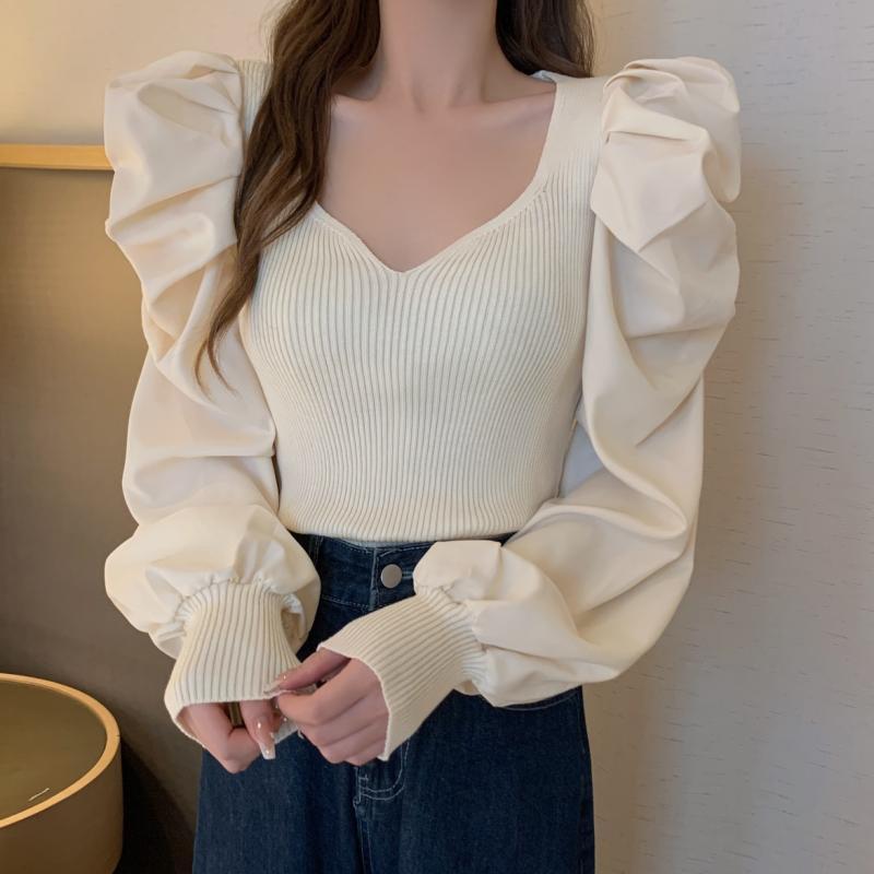 2025 Spring French Collarbone Square Neck Puff Sleeve Cropped Top Tank Top абрикосовый