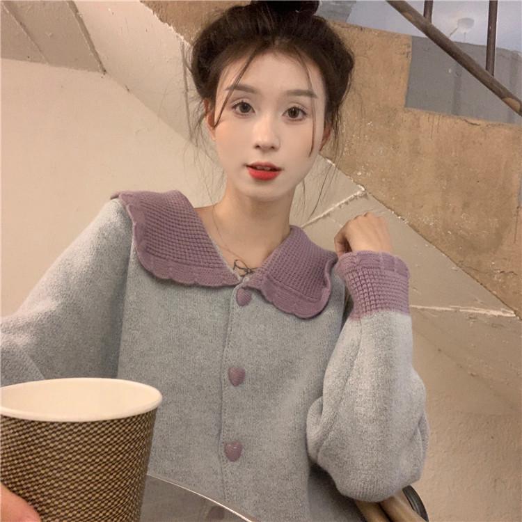 2025 Color Block Red Peter Pan Collar Knit Cardigan for Women