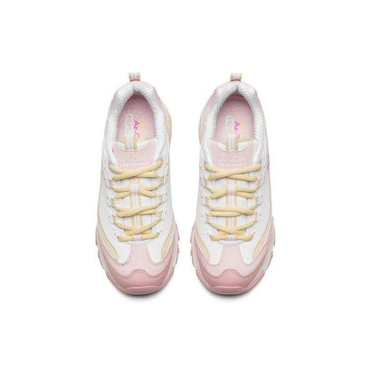 Skechers DLites 1.0 Fabric Synthetic Leather Milk Tea Bear Peach Women Sneakers White Pink 149906-PKYL