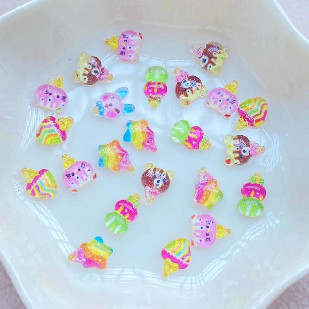 100Pcs Cute Mini Cartoon Little Bear, Star, Rabbit Ice Cream Nail Art Resin Designer Charms DIY Craft For Nail 3D Decorations