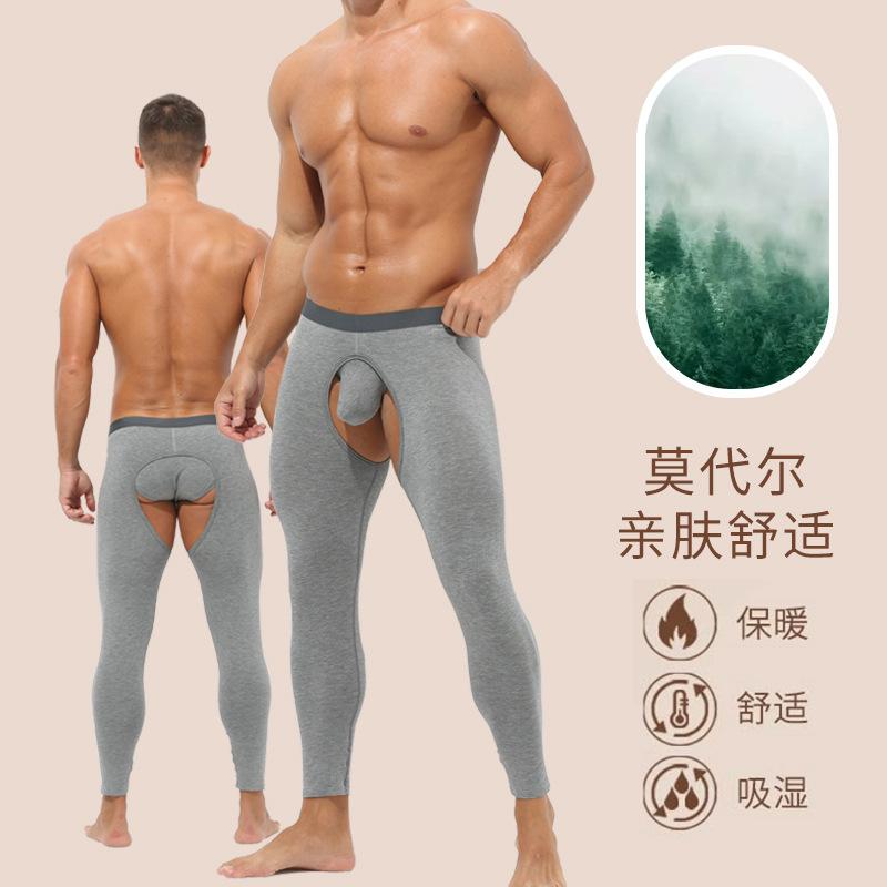 Men Sexy Thermal Underwear Bottoms Gay Open Front Lingerie Leggings Crotchless Nightwear Tights Slim Fit Stretchy Long John Pant