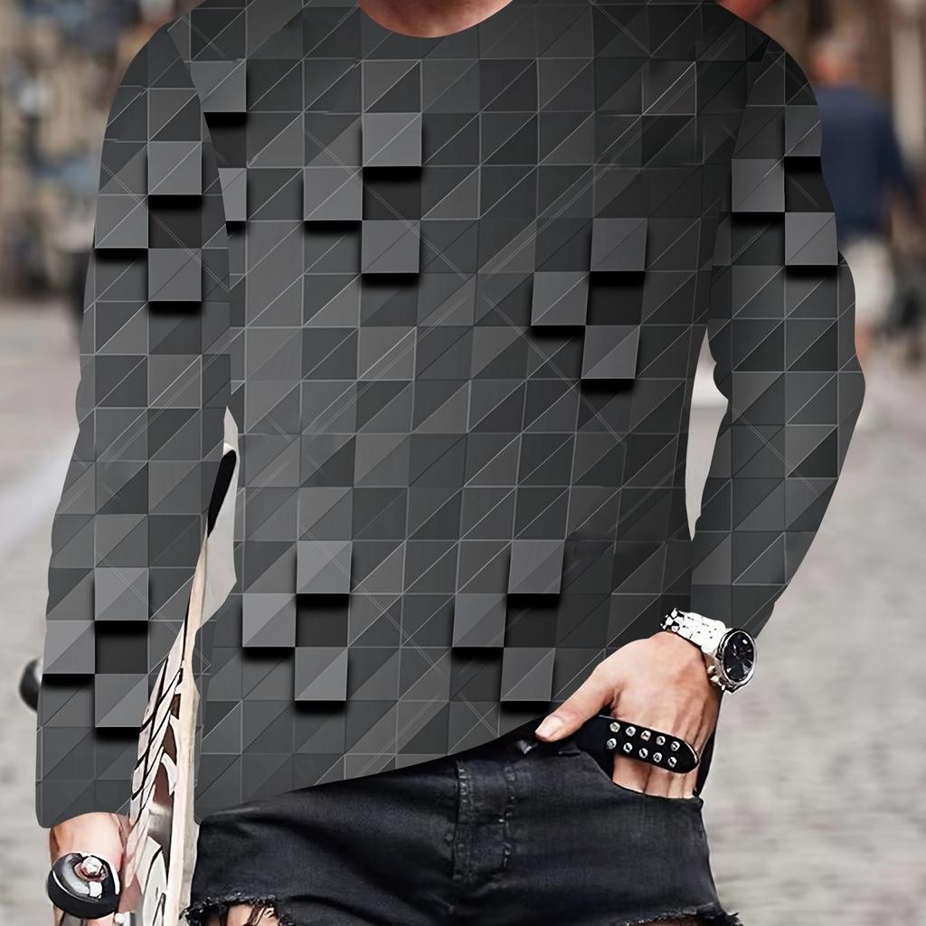 3D Print Long Sleeve Crew Neck Chic Geometric T-shirt for Men  Stylish Spring Fall Essential  Comfortable Daily Wear