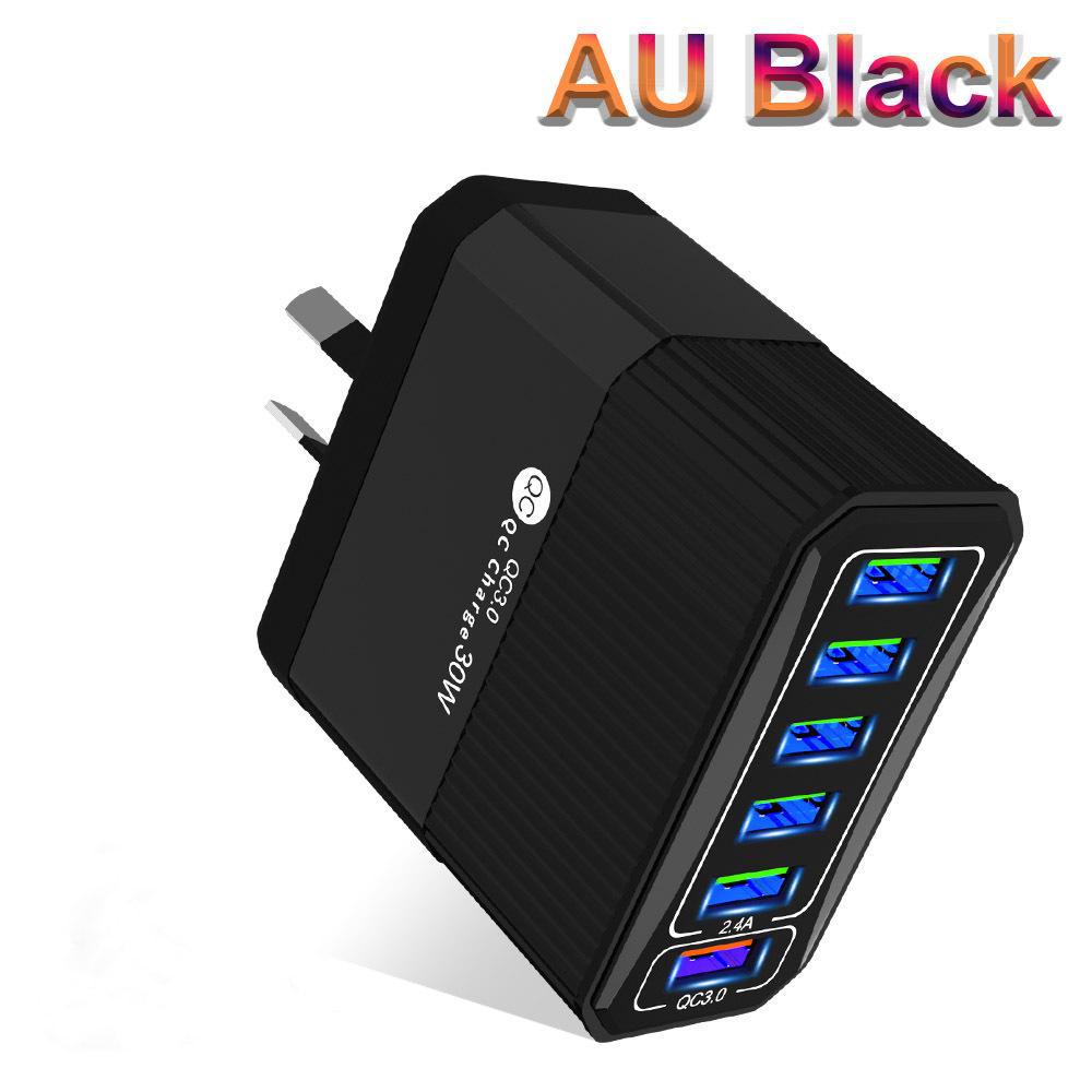 30W 6-Port QC3.0 Multi-Plug Fast Charger for EU, US, UK, & Korea