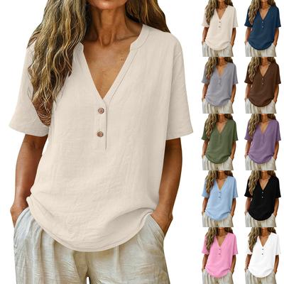Womens Casual Loose Fit V Neck Button Front Short Sleeve Solid Color Lightweight Blouse Top for Everyday Wear