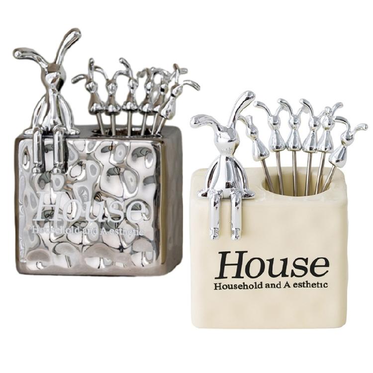 Pack of 6 Rabbit Dessert Forks Stainless Steel Fruit Fork Set Rabbit Cake Fork argento