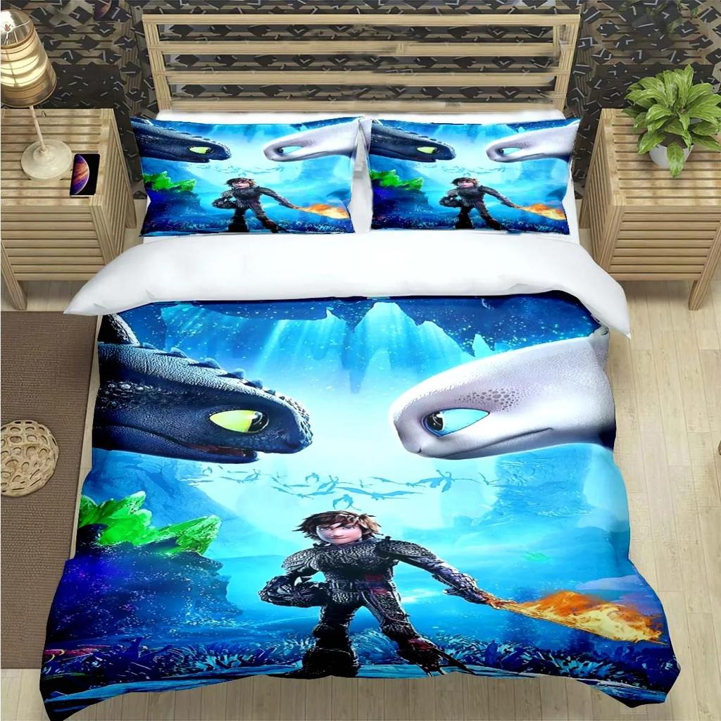 Anime-Themed Dragon Toothless Design Bedding, 3D Digital Print, All-Season Polyester Quilt Cover & 1/2 Pillowcases