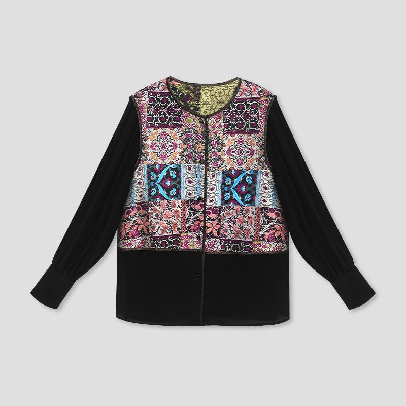 

Женская футболка с длинным рукавом из шелковой парчи в китайском стиле с кардиганом, выполненным в технике пэчворк из парчи Сун XL (65-72 kg) фиолетовый