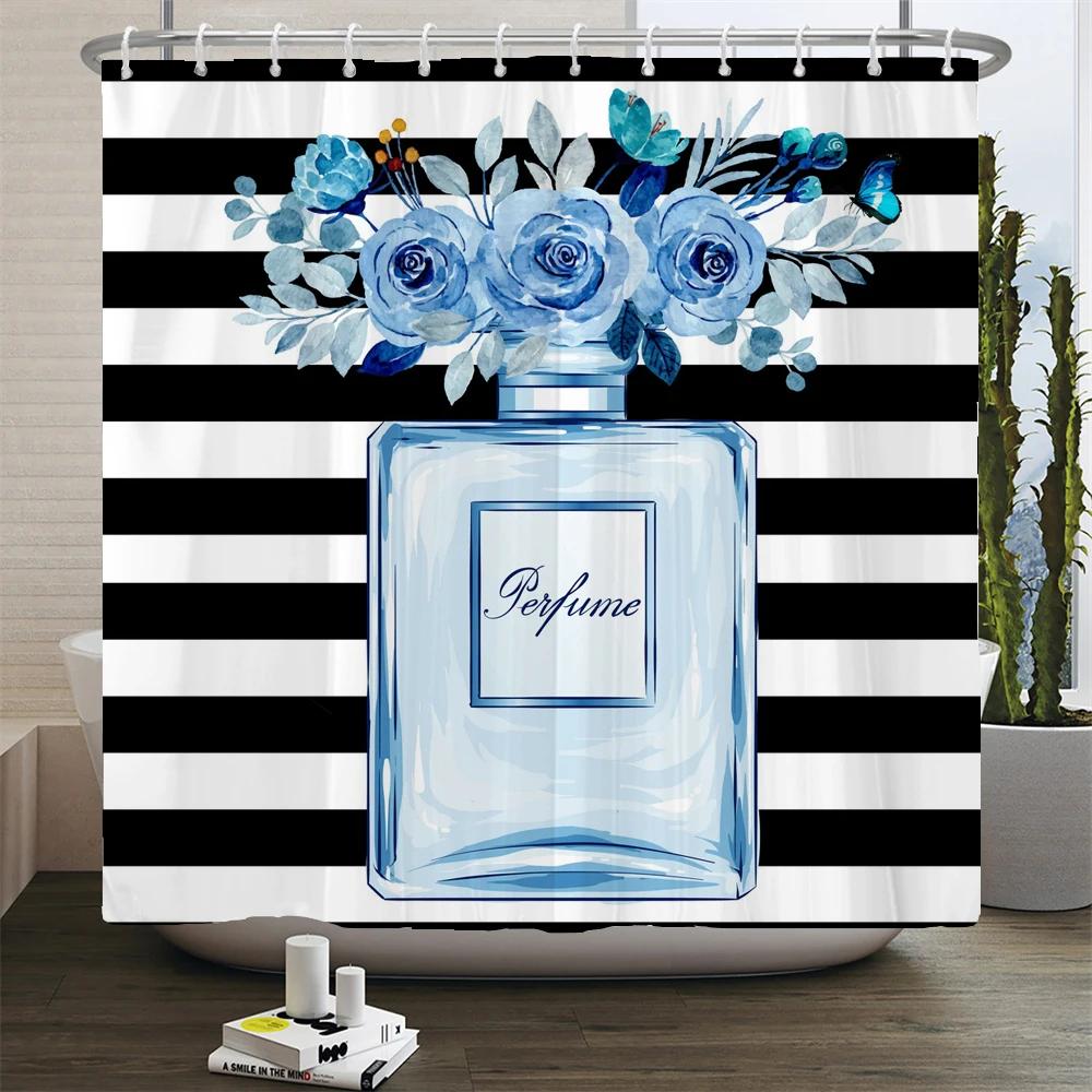 Perfume Bottle Flower Shower Curtain Set Black White Stripes Fashion Girl Woman Bathroom Decor Polyester Bath Curtains Hooks