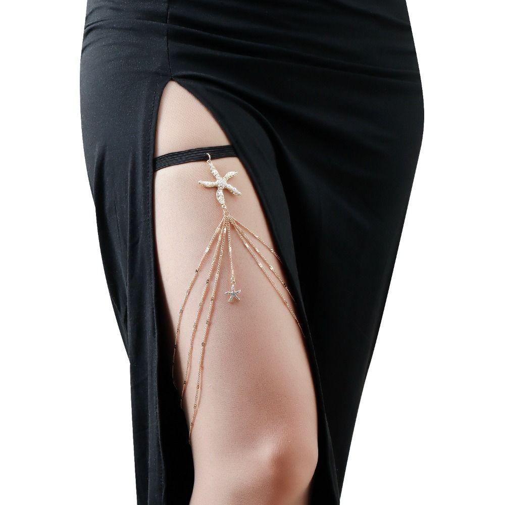 Mehrschichtige elastische Kette für Bein und Oberschenkel mit Strasssteinen und Perlen, Sommer-Strandparty