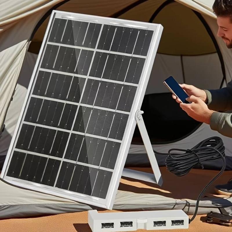 Solar Charging Panel With 4 Usb Ports, Supports Fast Charging, Suitable For Outdoor Camping And Mobile Phone Charging.
