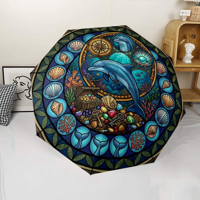 Ocean Treasure Glass Pattern Umbrella, Portable and Foldable Design, 8 Ribs, a Casual Accessory for Halloween, Christmas, and Birthday Gifts.