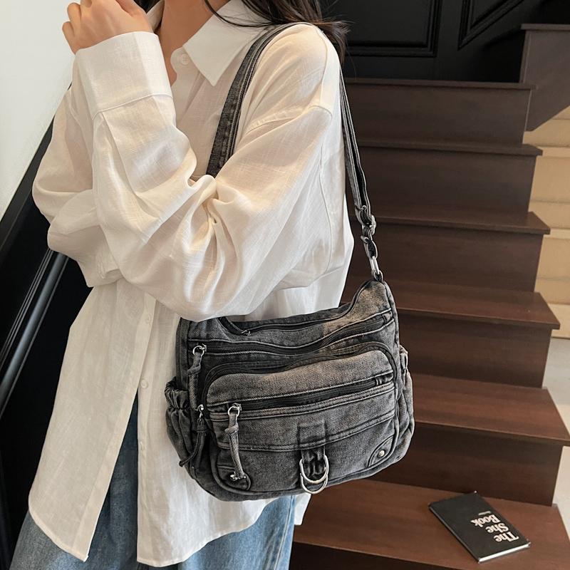 Borsa a tracolla in denim vintage multi-tasca da donna