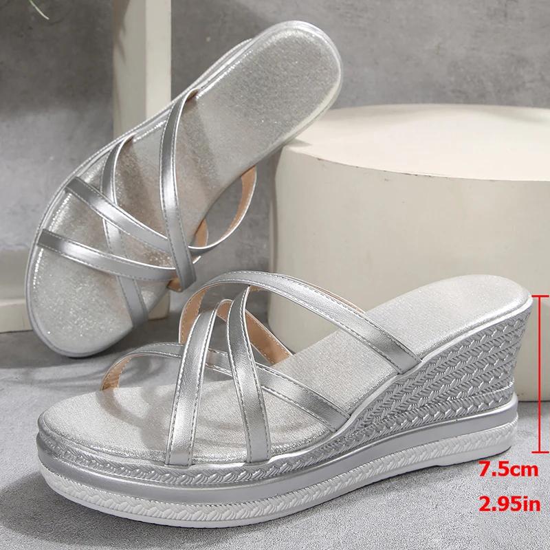 Fashion Cross Strap Wedge Heel Sandals for Women Summer 2025 Silver Chunky Platform Slippers Woman Anti Slip Thick Sole Slides Plus Size