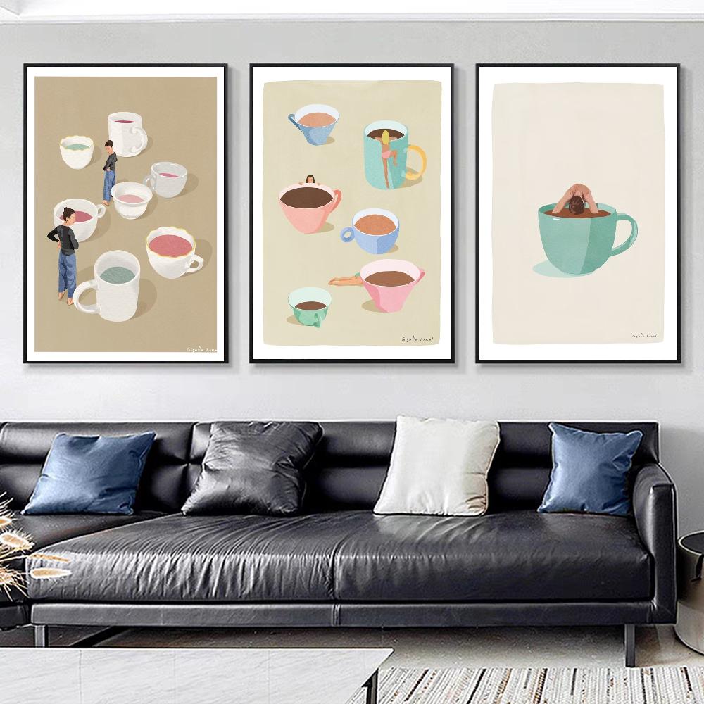 Coffee Cups funny Art Anime Posters Sticky HD Quality Wall Art Retro Posters for Home Kawaii Room Decor