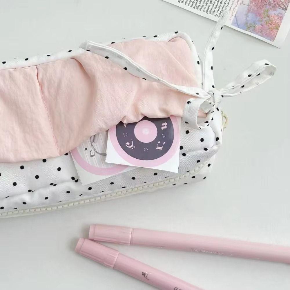 Large Capacity Polka Dot Pencil Bag White With Pink Bow Pencil Case School Supplies