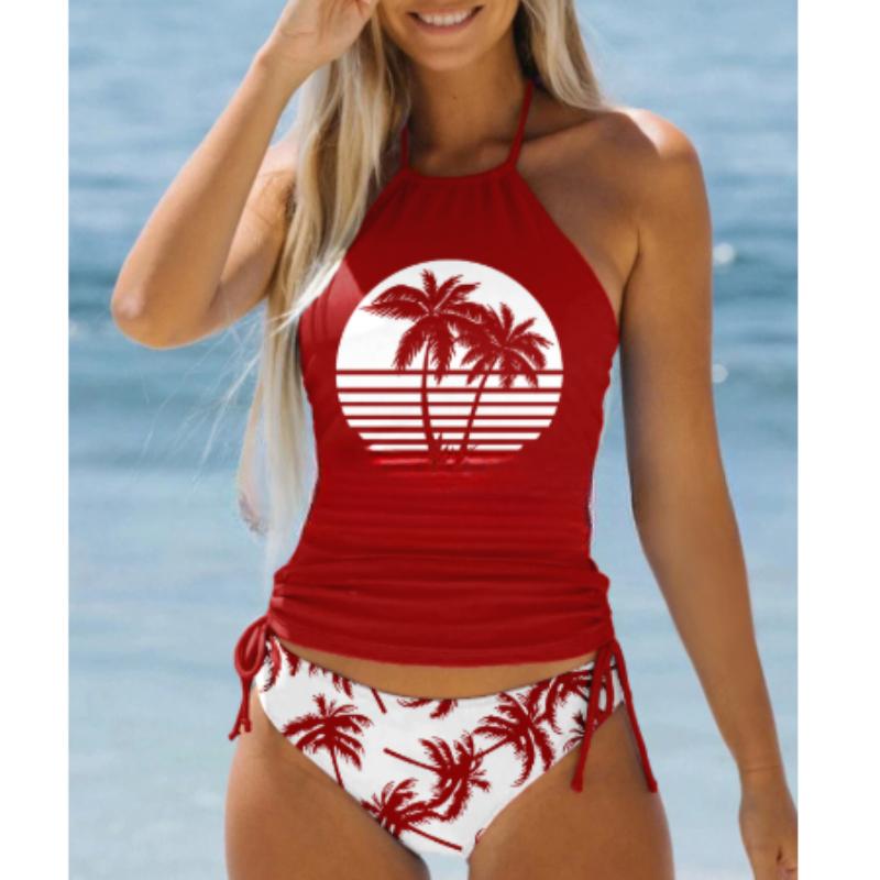 Costum de baie tankini de damă, cu șalter albastru, cu imprimeu arbore de nucă de cocos