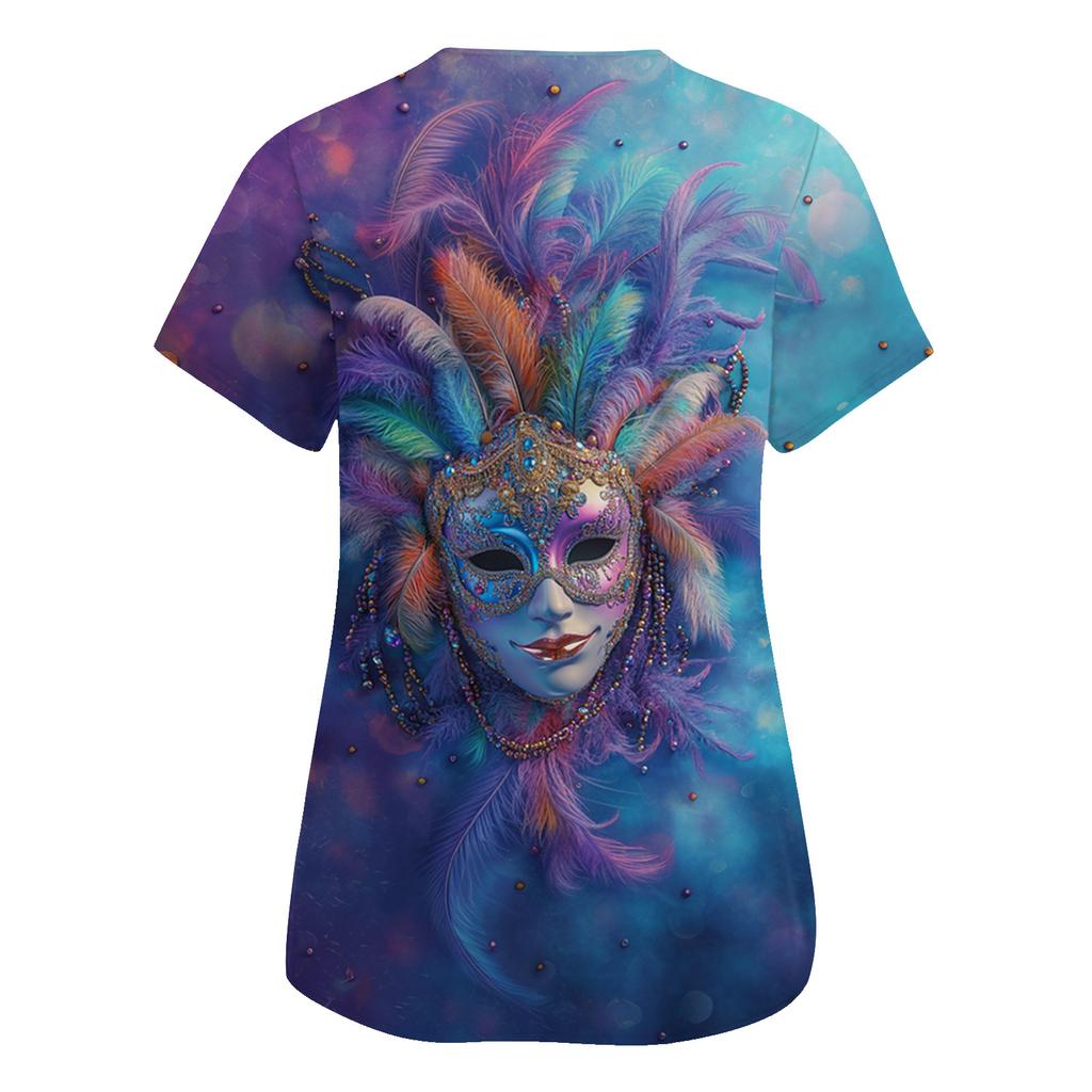 Dammode V-ringad Kortärmad Overall Med Fickor Tryckta Toppar Kläder