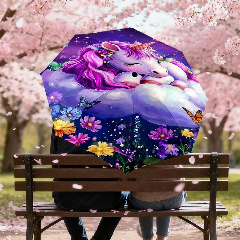 1 Stück Einhorn-Blumen-Regenschirm - 8 Speichen, verstärkt, tragbar, faltbar, Reise-Regenschirm, geeignet für alle Jahreszeiten, tägliche Nutzung im Freien -J0405