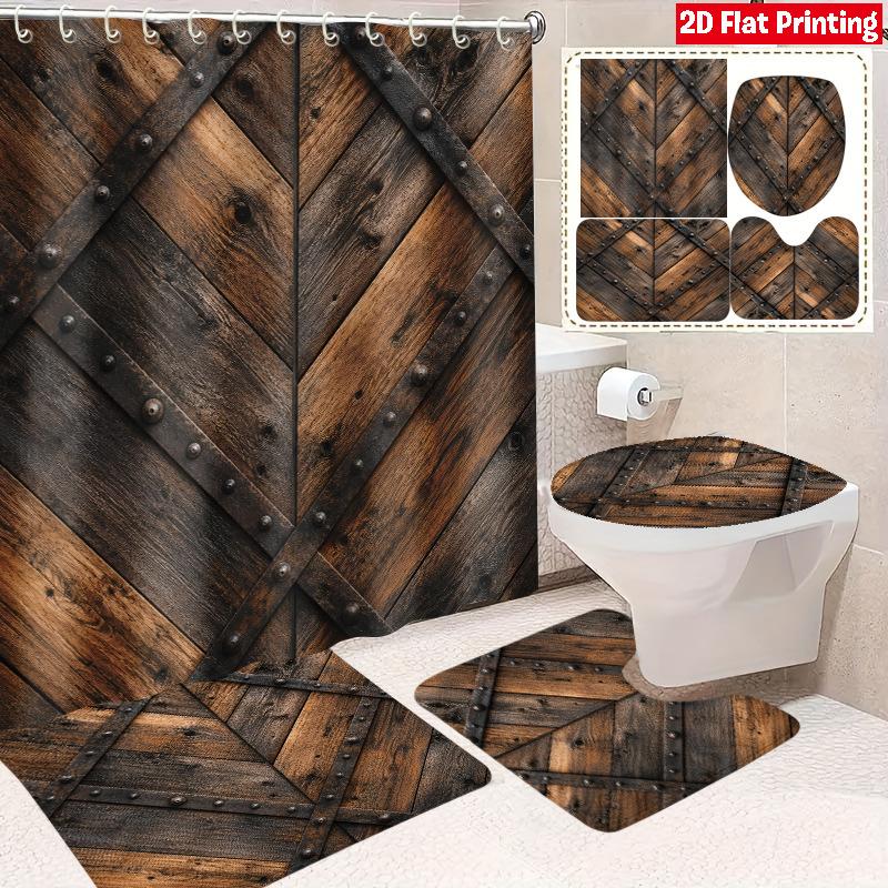 4Pcs Shower Curtain Set with Non-Slip Bath Mat, Toilet Lid Cover, Contour Rug & 12 Hooks, Bathroom