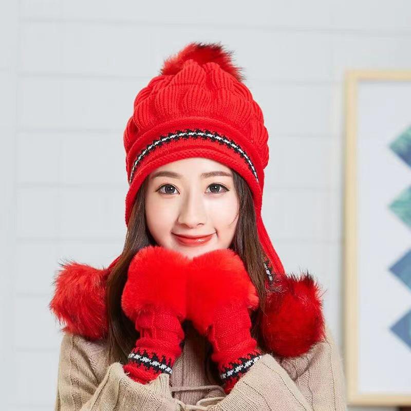 Women's Winter Velvet Rabbit Fur Knitted Wool Hat with Fur Ball and Earmuffs Beret.
