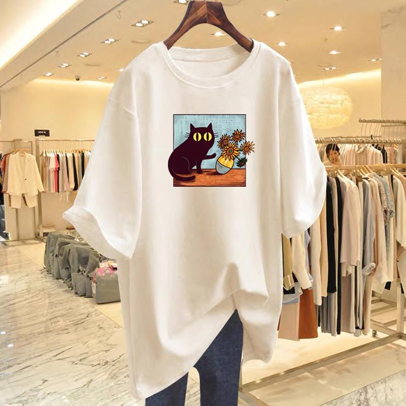 

Cat print white cotton short-sleeved t-shirt women s summer loose new top S