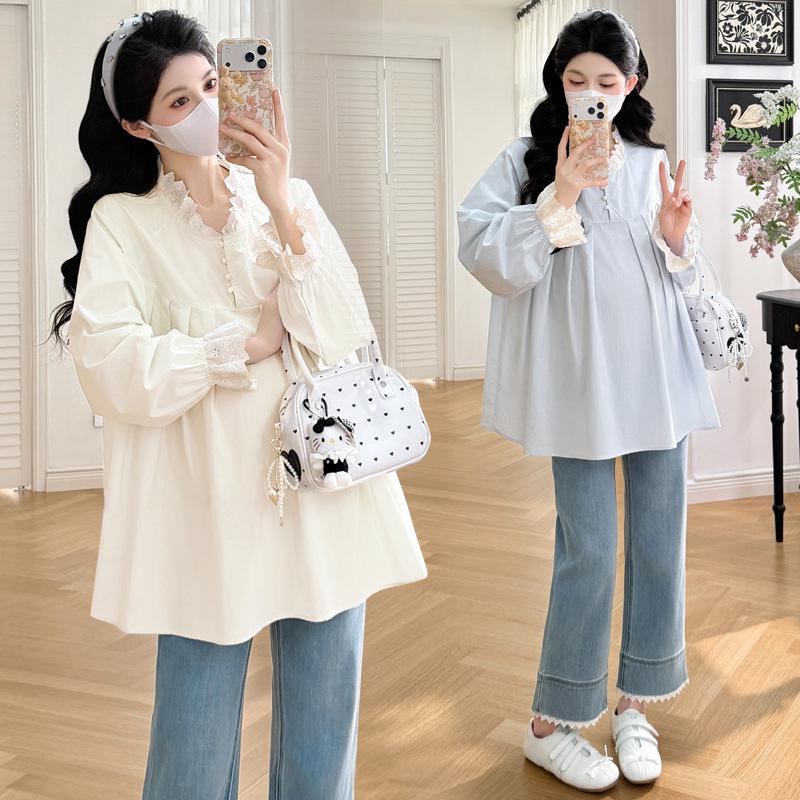 In Stock Spring 2026 Korean Style Lace Patchwork Maternity Shirt Double Extra Large