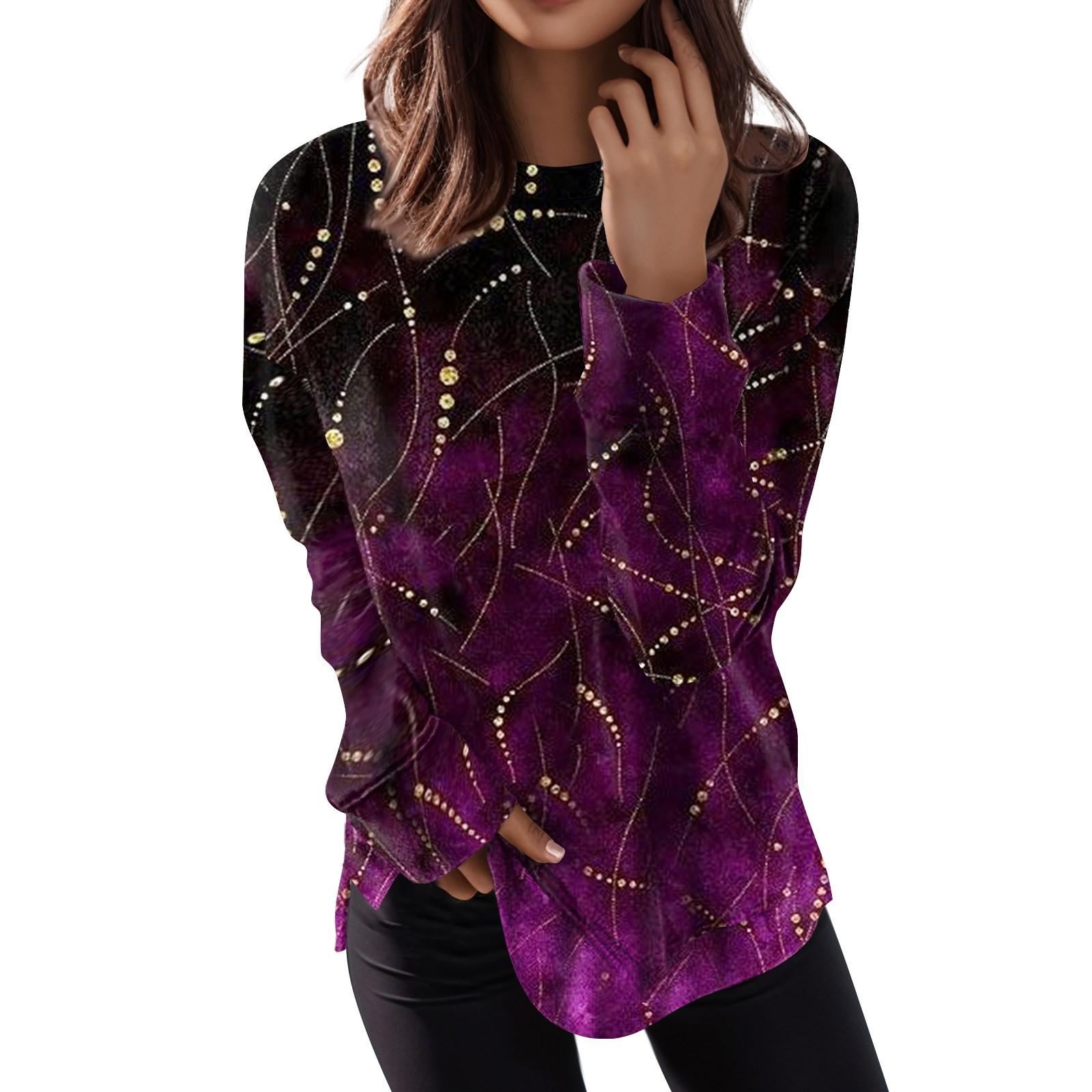 

Женский повседневный модный пуловер с длинным рукавом и круглым вырезом с принтом XXL темно-фиолетового