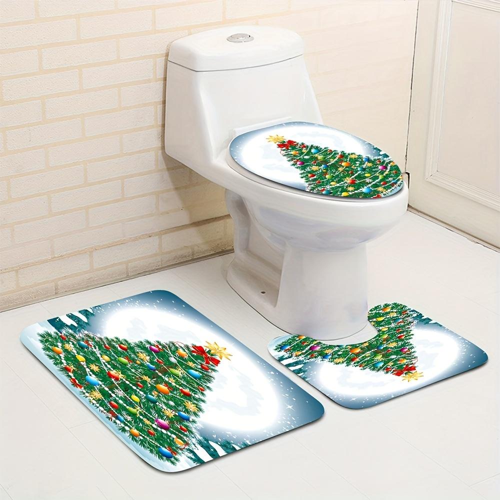 4-teiliger Weihnachtsbaum-Duschvorhang mit 12 Haken und rutschfestem Badezimmerteppich, Badezimmer-Dekor-Set mit Toilettendeckel-Abdeckpolster und U-förmiger Matte