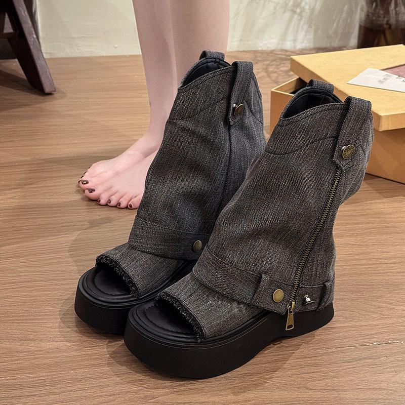 

2025 new denim platform muffin two wear thin cool boots Martin boots locomotive boots Spice girl thin boots women s shoes 35 чёрный