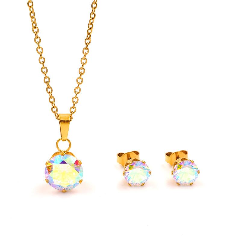 Popular in Europe and The United States, Round Color Zircon Titanium Steel Set, Versatile Exquisite Women's Collarbone Chain Earrings, Versatile 2026