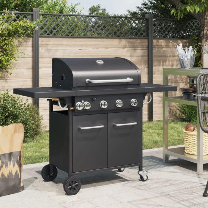 Gas Barbecue Grill with 5 Burners Black Powder-coated Steel