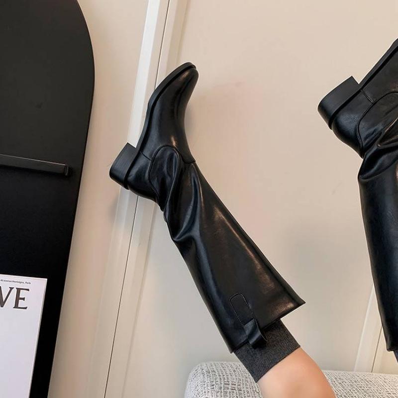 Autumn and Winter Women's Leather Boots Medium Heel Large Size Women's Boots Cowhide Big Tube Circumference Knight Boots New Rubber Sole High Boots W