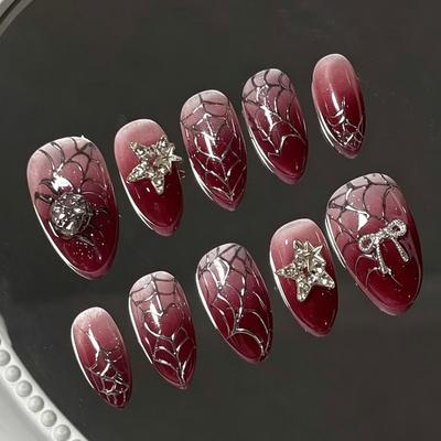 24PCS Wine Red Gradient Gothic Almond False Nails with Silver Spider Web Metallic 3D Star Bow Halloween French Press On Nails