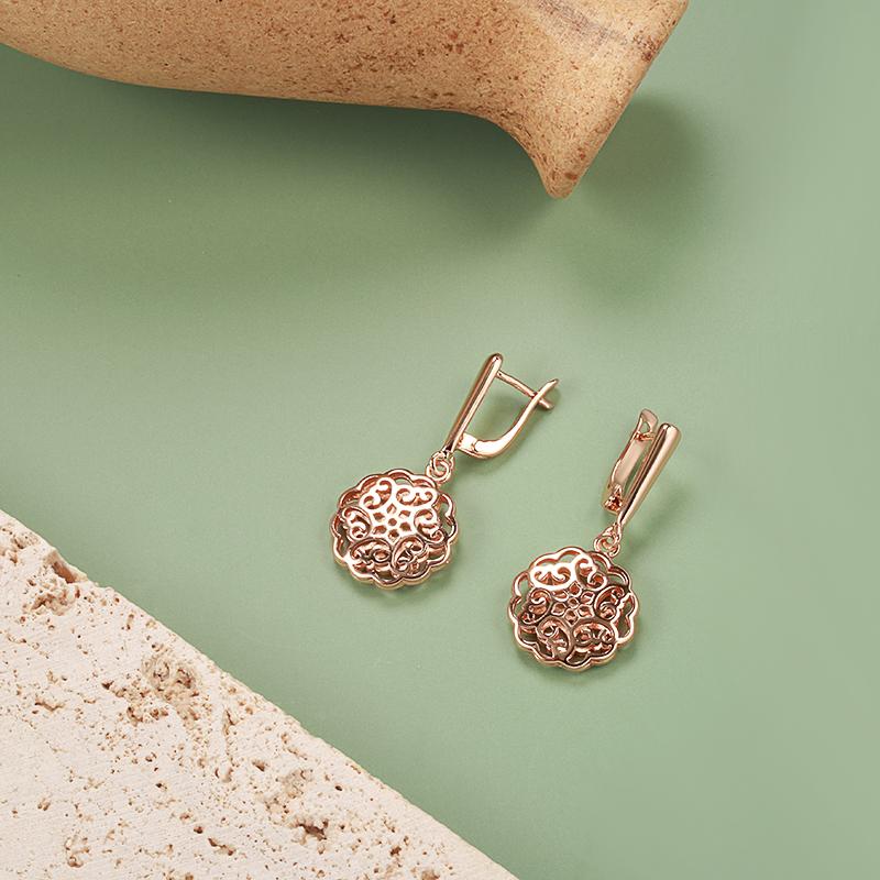 New Trendy Rose Gold Drop Earrings For Women Unusual Hollow Flower Big Earrings Fashion Ethnic Bride Wedding Jewelry
