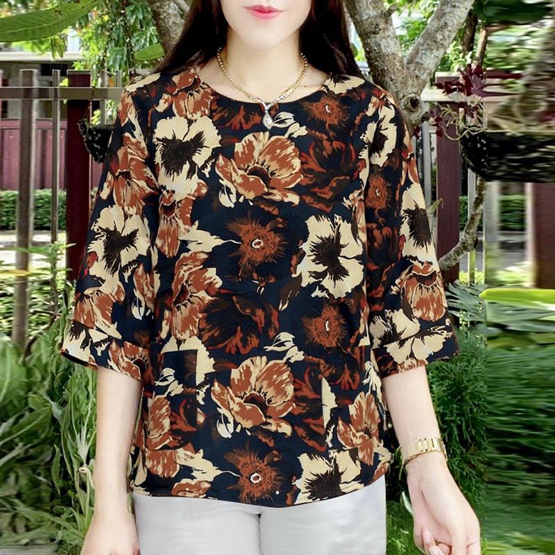 

ZANZEA Женская повседневная блузка с круглым вырезом и рукавом 3/4 с принтом S